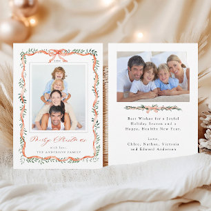 Watercolor Red Ribbon Bow Frame 2 photo Christmas Holiday Card