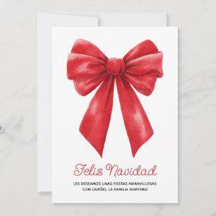 Watercolor Red Ribbon Feliz Navidad Holiday Card