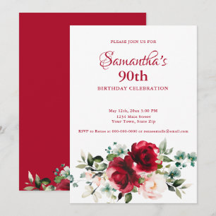 Watercolor Red Rose 90th Birthday Party