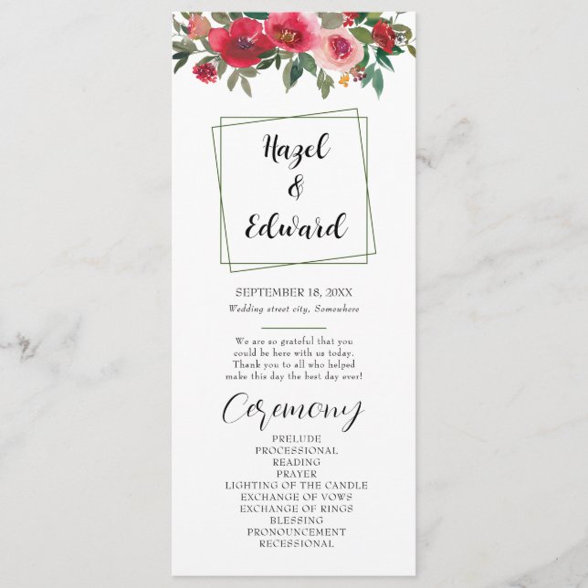 Watercolor Red Rose Floral Wedding Program (Front)