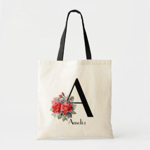 Watercolor red rose Letter A Monogram Bridesmaid Tote Bag