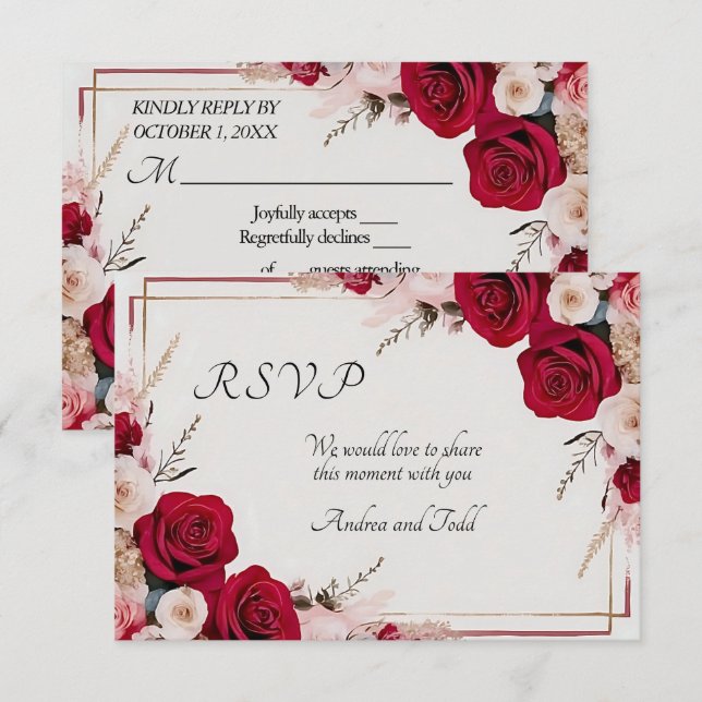 Watercolor red rose wedding RSVP card (Front/Back)