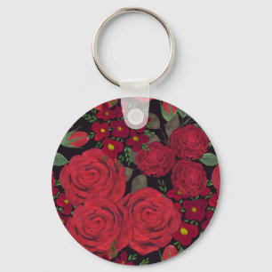 Watercolor, red roses, black, rose, floral pattern key ring