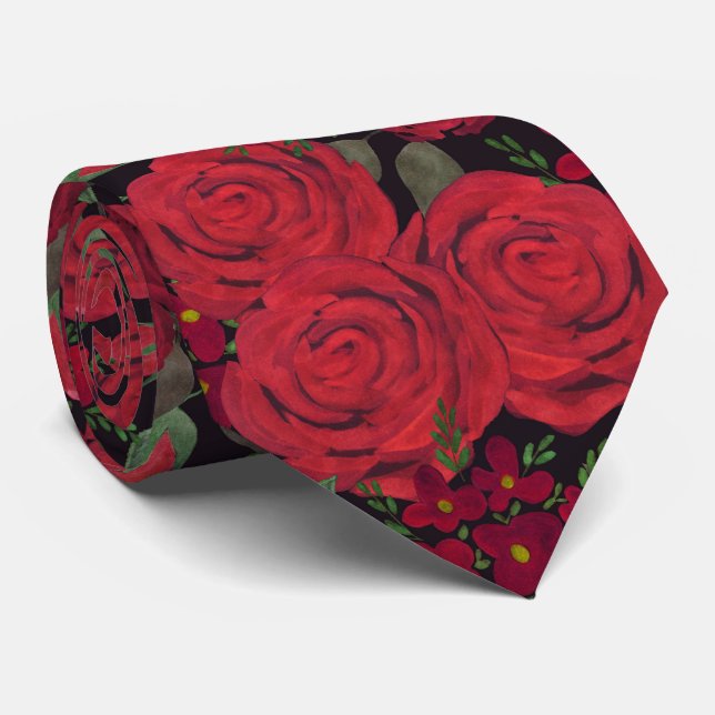 Watercolor, red roses, black, rose, floral pattern tie (Rolled)