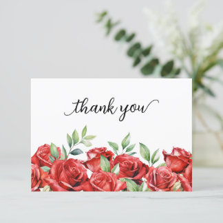 Watercolor Red Roses Border Thank You Card