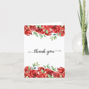 Watercolor Red Roses Border Thank You Card