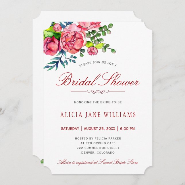 Watercolor red roses calligraphy bridal shower invitation (Front/Back)