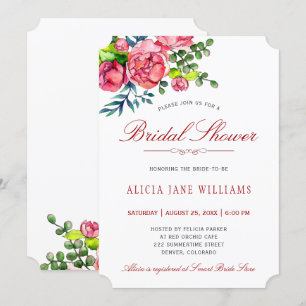 Watercolor red roses calligraphy bridal shower invitation