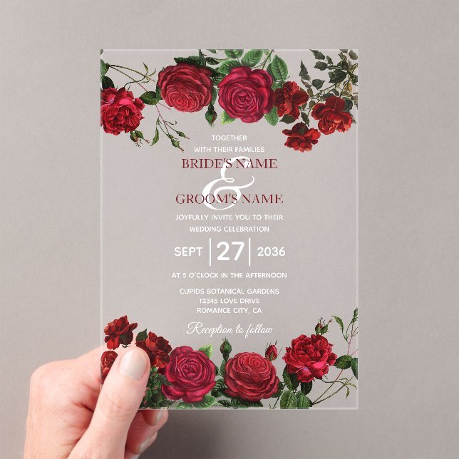 Watercolor Red Roses Clear Transparent Wedding Acrylic Invitations (Insitu (Handheld))