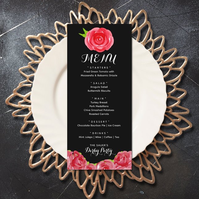 Watercolor Red Roses Derby Party Menu (Watercolor Red Roses Derby Party Menus)