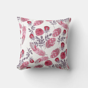 Watercolor red roses flowers feathers white cushion