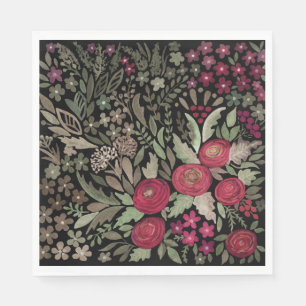 Watercolor red roses flowers small floral green le napkin