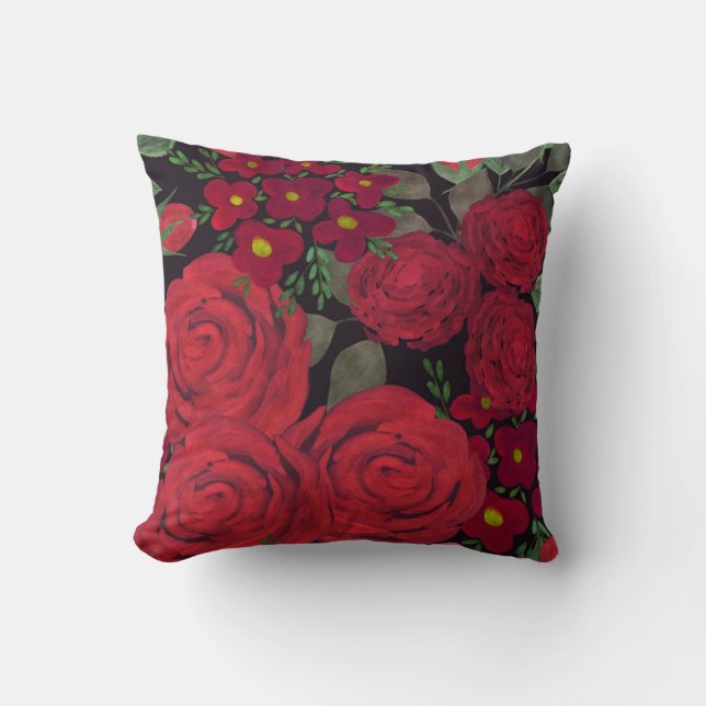 Watercolor red roses on black, cushion (Front)
