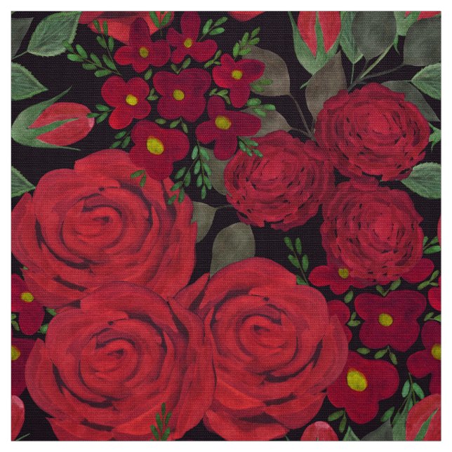 Watercolor red roses on black, fabric (Swatch)