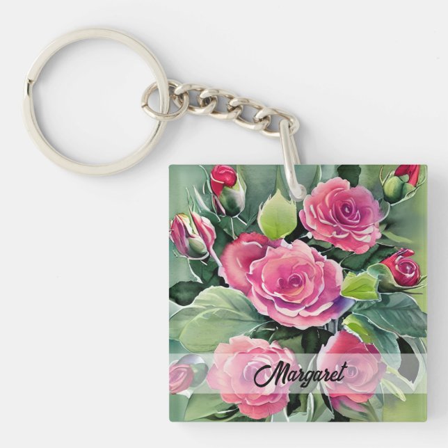 Watercolor Red Roses Personalised Key Ring (Front)