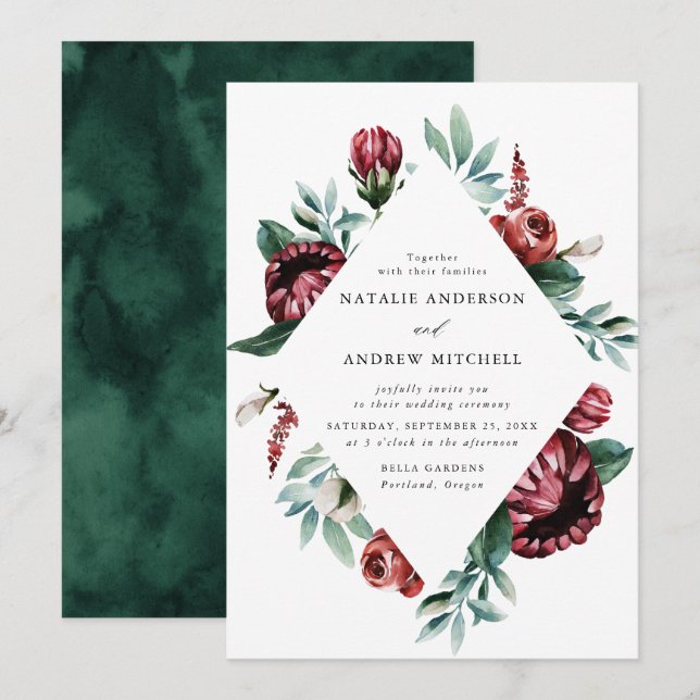 Watercolor Red Roses & Purple Floral Frame Wedding Invitation (Front/Back)