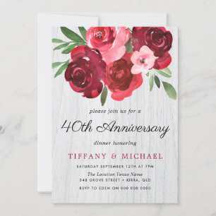 Watercolor Red Roses Rustic 40th Anniversary Invitation