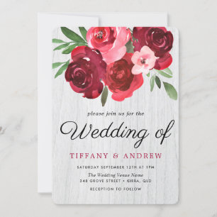 Watercolor Red Roses Rustic Wedding Invite