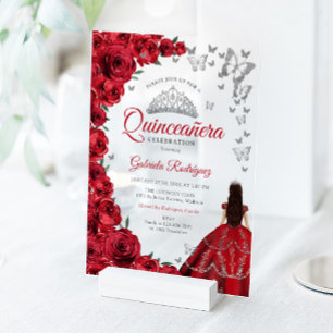 Watercolor Red Roses Silver Quinceanera Acrylic Invitations