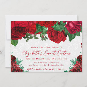 Watercolor Red Roses Sweet Sixteen Invitation