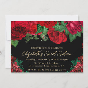 Watercolor Red Roses Sweet Sixteen Invitation