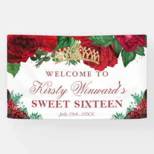 Watercolor Red Roses Sweet Sixteen Welcome Banner