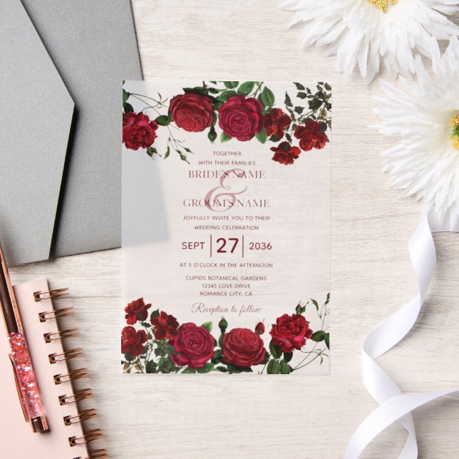 Watercolor Red Roses Wedding Overlay Wedding Vellum Invitations (Wedding)