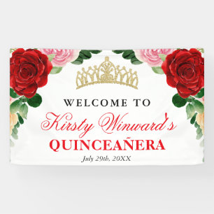 Watercolor Red Roses Welcome Quinceanera Banner