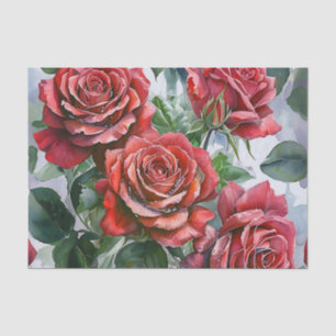 Watercolor Red Roses with Green Leaves Tissue Paper