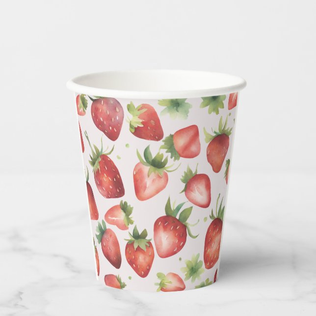 Watercolor Red Strawberry Pattern Paper Cups (Front)