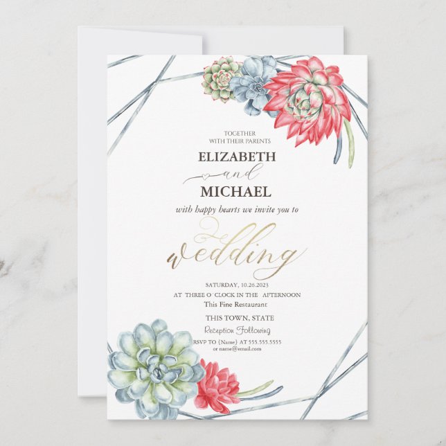 Watercolor Red Succulents Invitation (Front)
