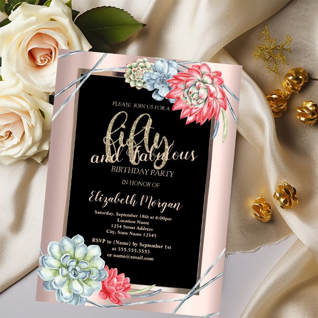 Watercolor Red Succulents Rose Gold 50th Birthday  Invitation (Creator Uploaded)