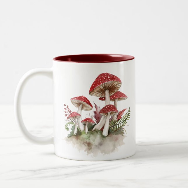 Watercolor Red Toadstool Mushrooms Two-Tone Coffee Mug (Left)