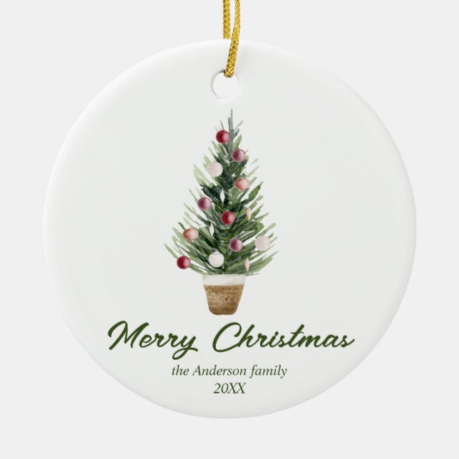 Watercolor Red Tree Merry Christmas Ceramic Ornament (Front)