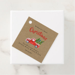 Watercolor Red Truck and Tree Name Christmas Round Favour Tags