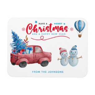 Watercolor Red Truck Christmas Scene Holiday Magnet