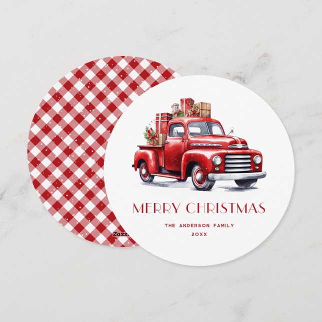 Watercolor Red Truck Gingham Plaid Christmas Cards (Front/Back)
