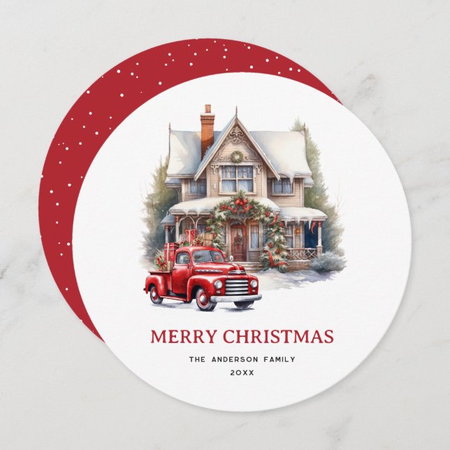 Watercolor Red Truck House Merry Christmas Card (Front/Back)