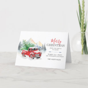 Watercolor Red Truck Merry Christmas Lumberjack Holiday Card
