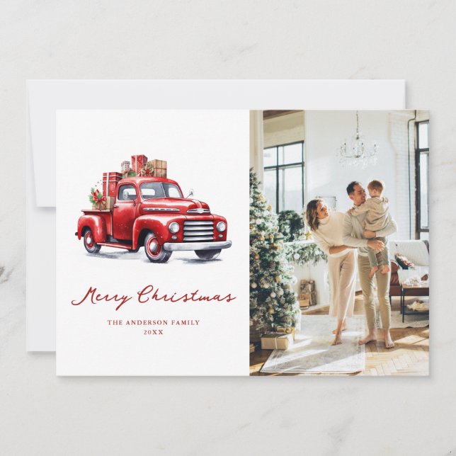 Watercolor Red Truck Photo Merry Christmas Card (Front)