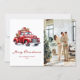 Watercolor Red Truck Photo Merry Christmas Card