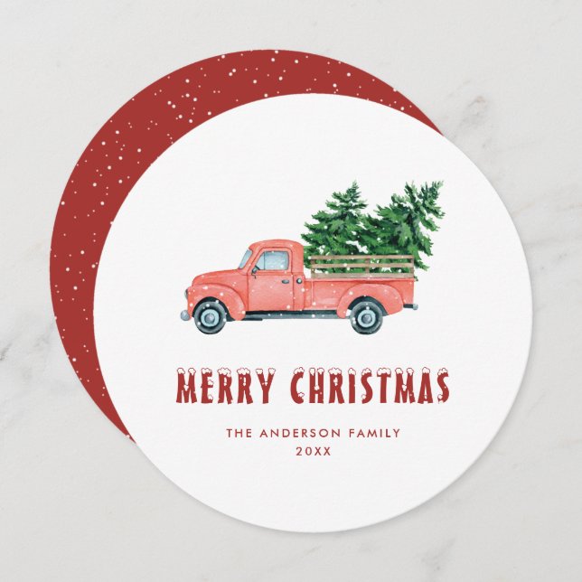 Watercolor Red Truck Snow Merry Christmas Card (Front/Back)