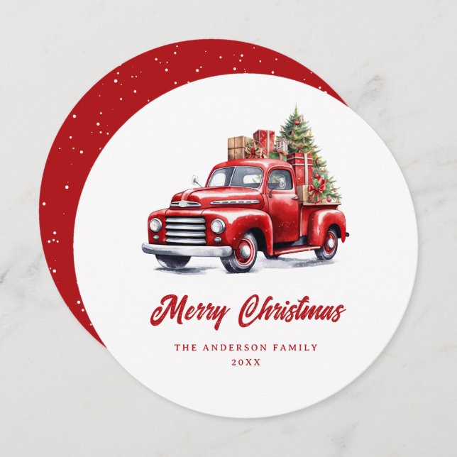 Watercolor Red Truck Snow Merry Christmas Card (Front/Back)