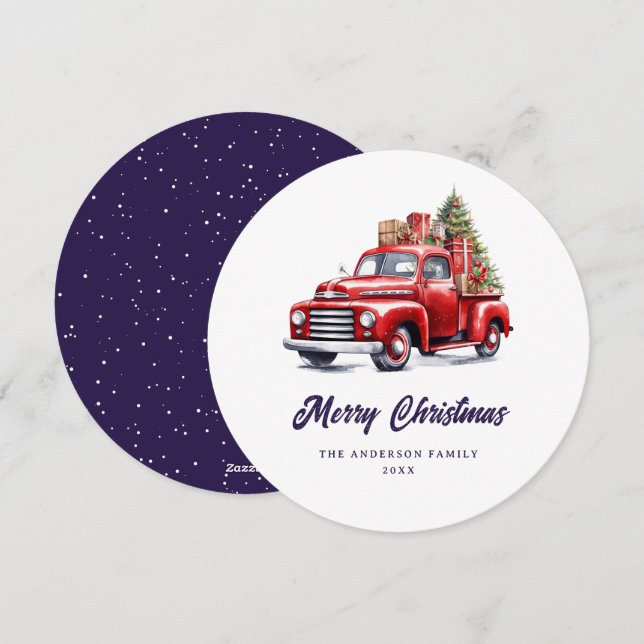 Watercolor Red Truck Violet Merry Christmas Card (Front/Back)