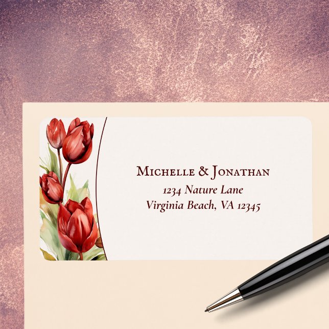 Watercolor Red Tulip Spring Floral Wedding Address Label (Watercolor Red Tulip Spring Floral Wedding Address Label)