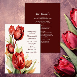 Watercolor Red Tulips Spring All In One Wedding Invitation