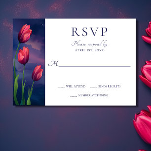 Watercolor Red Tulips, Stars and Full Moon Wedding RSVP Card