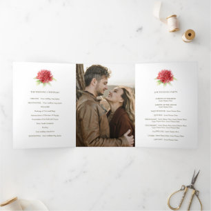 Watercolor red waratah wedding photo Tri-Fold programme