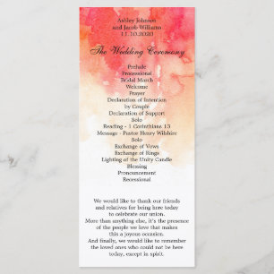 Watercolor red wedding program. Coral ceremony Program