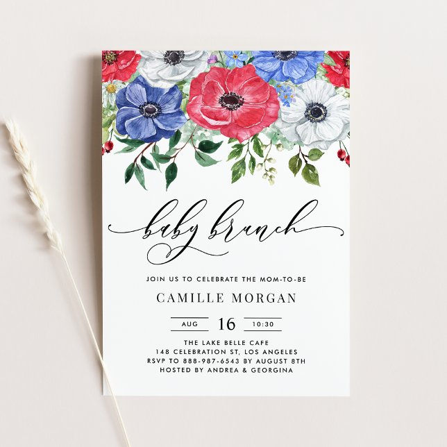 Watercolor Red, White and Blue Anemone Baby Brunch Invitation (Creator Uploaded)